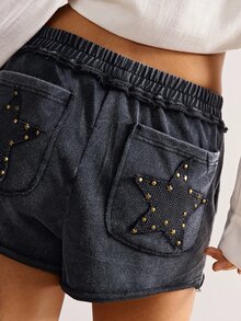 Bohemela Women Casual Shorts Embellished With Rivets & Stars Decor, Summer,High Waisted Shorts - Black - View 3