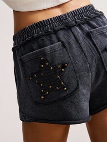 Bohemela Women Casual Shorts Embellished With Rivets & Stars Decor, Summer,High Waisted Shorts - Black - View 7