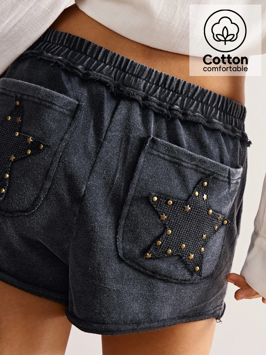 Bohemela Women Casual Shorts Embellished With Rivets & Stars Decor, Summer,High Waisted Shorts - Black - View 1