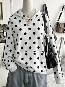 SHEIN 青少年女孩秋/冬波點圖案對比色梭織口袋休閒寬鬆連帽套頭衛衣 - 黑與白 - 查看 10