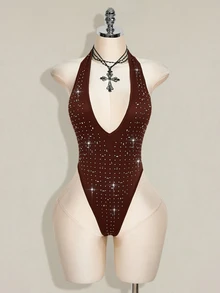 SHEIN ICON Rhinestone Halter Backless Bodysuit, Sexy Tight Fit Sleeveless For Women - Brown - View 9