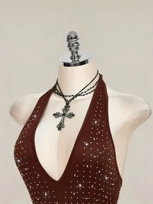 SHEIN ICON Rhinestone Halter Backless Bodysuit, Sexy Tight Fit Sleeveless For Women - Brown - View 4
