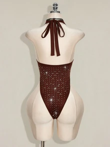 SHEIN ICON Rhinestone Halter Backless Bodysuit, Sexy Tight Fit Sleeveless For Women - Brown - View 8