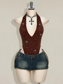 SHEIN ICON Rhinestone Halter Backless Bodysuit, Sexy Tight Fit Sleeveless For Women - Brown - View 12