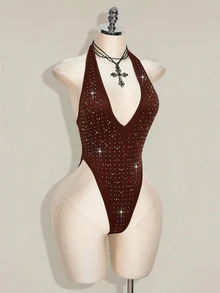 SHEIN ICON Rhinestone Halter Backless Bodysuit, Sexy Tight Fit Sleeveless For Women - Brown - View 10
