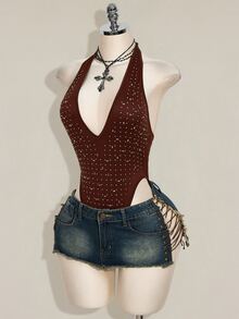 SHEIN ICON Rhinestone Halter Backless Bodysuit, Sexy Tight Fit Sleeveless For Women - Brown - View 3