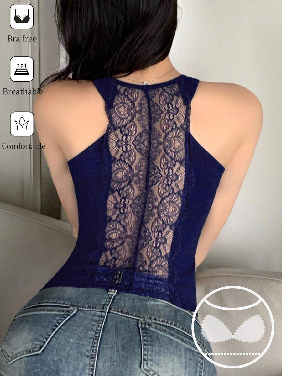 DAZY 女款純色內建胸墊背後透視蕾絲拼接背心吊帶上衣 - 藏蓝色 - 查看 1