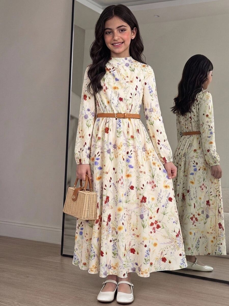 SHEIN فستان طويل للأطفال والفتيات المراهقات بأسلوب كاجوال للعطلات، خريف/شتاء، أسلوب بدوي، أكمام طويلة، مجعد، مرقع، واسع، لون مشمشي - لون مشمشي - مشاهدة 1