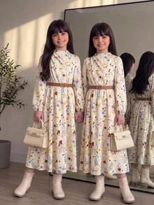 SHEIN 兒童青少年女孩休閒度假風秋冬遊牧風長袖抓皺拼接喇叭長洋裝杏色女童洋裝 - 杏色 - 查看 1