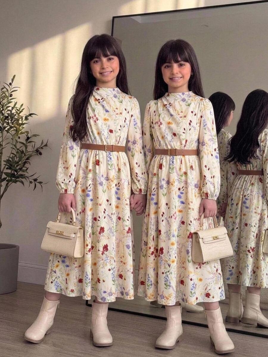 SHEIN 兒童青少年女孩休閒度假風秋冬遊牧風長袖抓皺拼接喇叭長洋裝杏色女童洋裝 - 杏色 - 查看 1