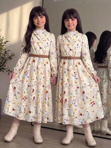SHEIN 兒童青少年女孩休閒度假風秋冬遊牧風長袖抓皺拼接喇叭長洋裝杏色女童洋裝 - 杏色 - 查看 3