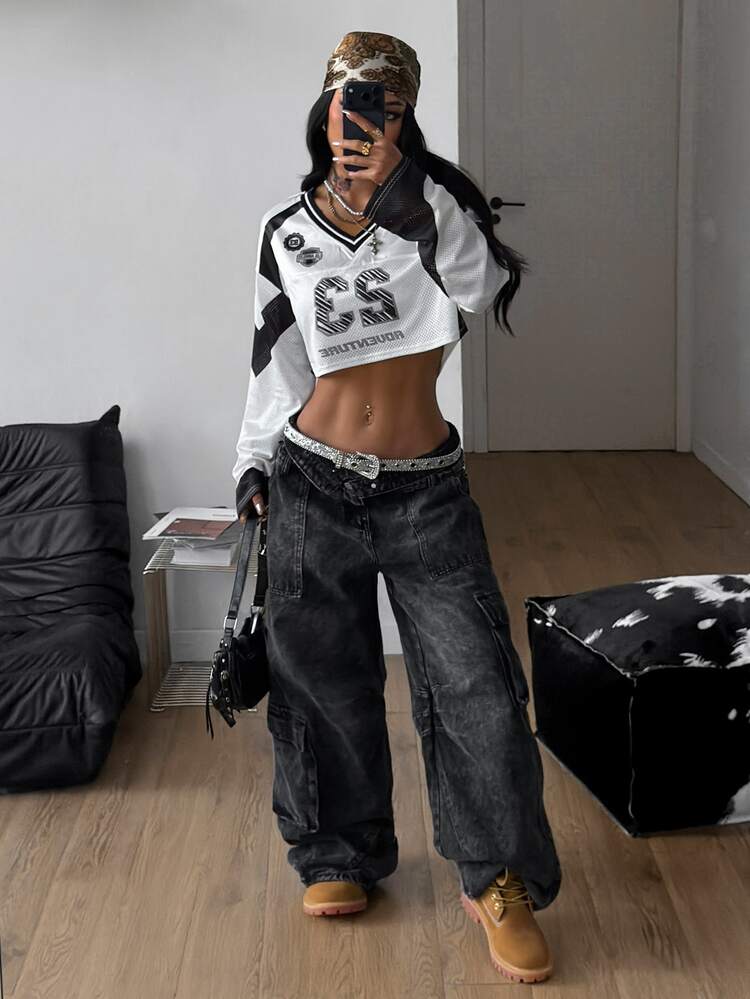 Coolane Autumn For Women New V-Neck Casual Sports Letter & Graphic Splice Oversized Loose Long Sleeve Jersey T-Shirt - White - View 7