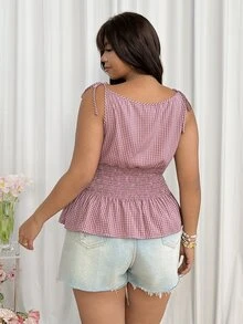 GalTyme Plus Size Women's Vacation Plaid Ruffle Hem Tie Front Fashion Top - Multicolor - View 2