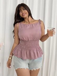 GalTyme Plus Size Women's Vacation Plaid Ruffle Hem Tie Front Fashion Top - Multicolor - View 3