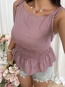 GalTyme Plus Size Women's Vacation Plaid Ruffle Hem Tie Front Fashion Top - Multicolor - View 6