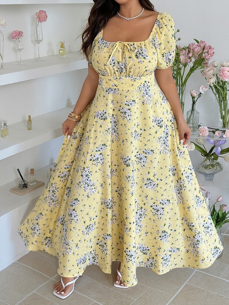 GalTyme Plus Size Yellow Floral Print Summer Long Flowy Dress,Elegant Curve Vacation Holiday Party Picnic Dress,Chic Vintage Graduation Dresses For Woman