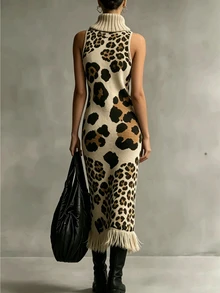 SHEIN Vintage Leopard Print High Neck Sleeveless Knit Dress With Tassel Hem, Fitted Bodycon Long Dress - Apricot - View 3