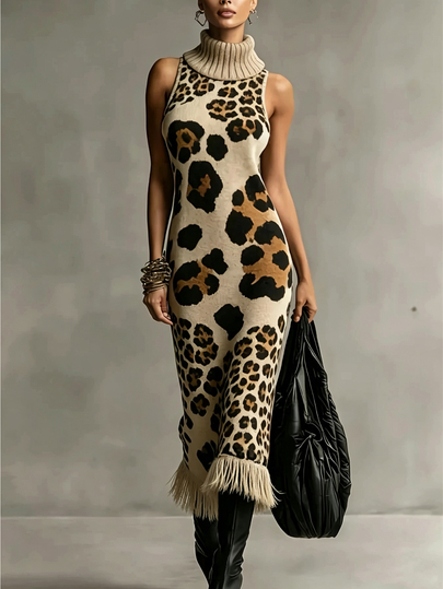 SHEIN Vintage Leopard Print High Neck Sleeveless Knit Dress With Tassel Hem, Fitted Bodycon Long Dress