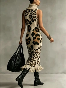 SHEIN Vintage Leopard Print High Neck Sleeveless Knit Dress With Tassel Hem, Fitted Bodycon Long Dress - Apricot - View 4