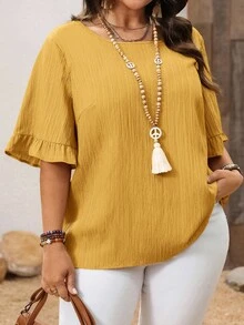 EMERY ROSE Blusa de manga corta de moda casual sencilla para uso diario, vacaciones, primavera y verano, para uso informal, parte superior de primavera/verano, otoño, talla grande - Amarillo - Ver 1