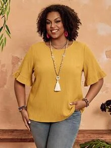 EMERY ROSE Blusa de manga corta de moda casual sencilla para uso diario, vacaciones, primavera y verano, para uso informal, parte superior de primavera/verano, otoño, talla grande - Amarillo - Ver 3