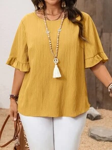 EMERY ROSE Blusa de manga corta de moda casual sencilla para uso diario, vacaciones, primavera y verano, para uso informal, parte superior de primavera/verano, otoño, talla grande - Amarillo - Ver 6