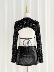 SHEIN ICON High Neck Long Sleeve Backless Tie-Up Rhinestone Embellished T-Shirt - Black - View 2