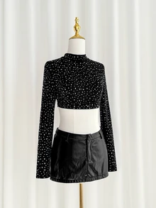 SHEIN ICON High Neck Long Sleeve Backless Tie-Up Rhinestone Embellished T-Shirt - Black - View 3