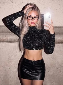SHEIN ICON High Neck Long Sleeve Backless Tie-Up Rhinestone Embellished T-Shirt - Black - View 1