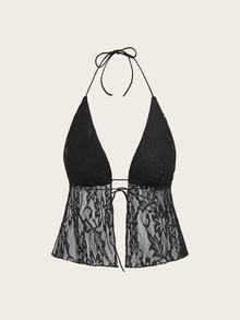 SHEIN ICON 女士休闲性感露背系带吊带背心，适合夏季，Y2K 风格，蕾丝面料 - 黑色 - 查看 6