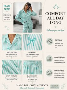 SHEIN PLUS SIZE Women 2 Pcs Button Front With Striped&Bot Pattern Homewear Cute Pajama Set - Green - View 4