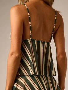 AiiRZ Striped Mesh Cami Top And Boyshort Co-Ord Set Sweetheart Neckline Satin Bow Ruffle Trim Lingerie Two-Piece - Multicolor - View 2