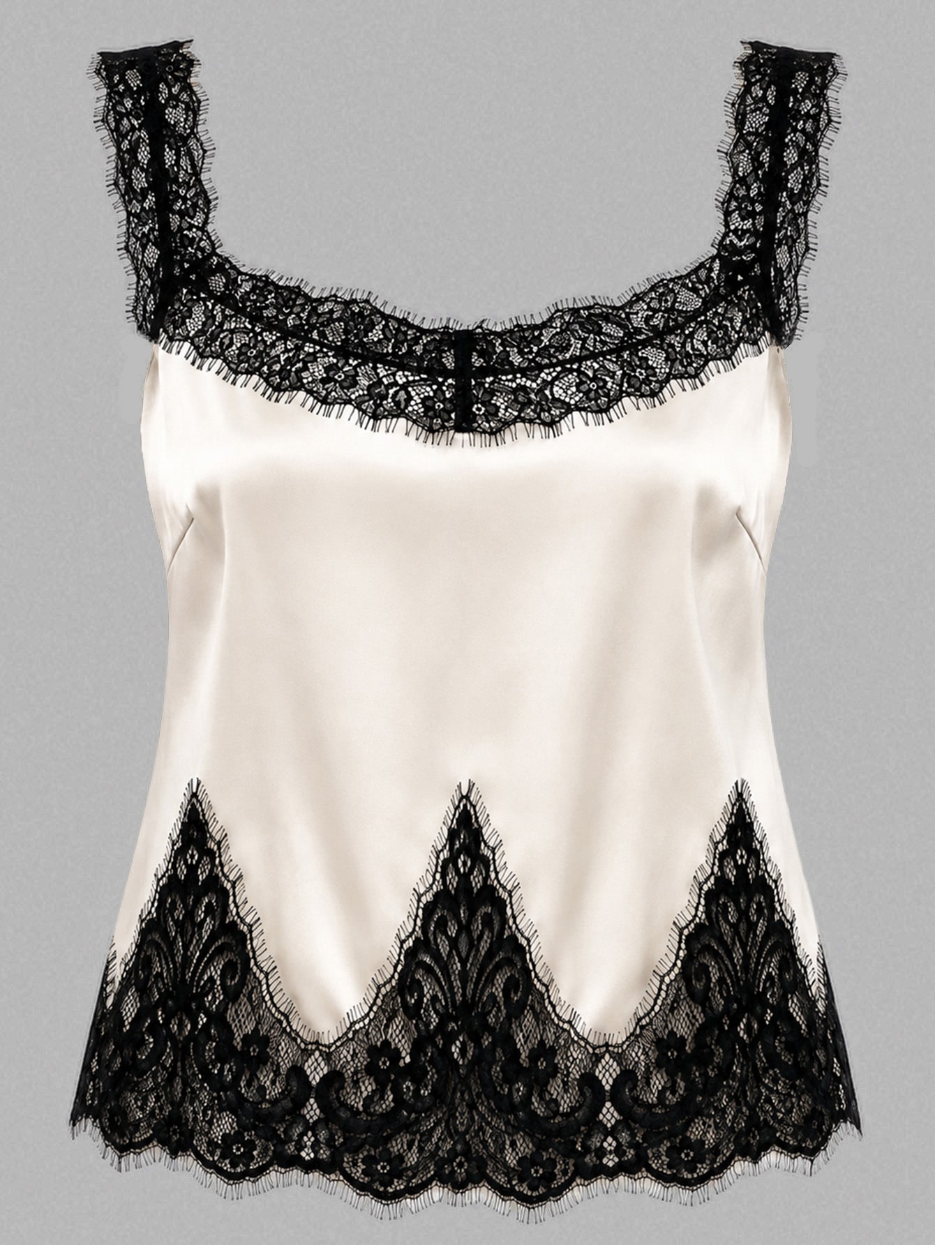 Cream Satin Black Lace Square Neck Camisole Top