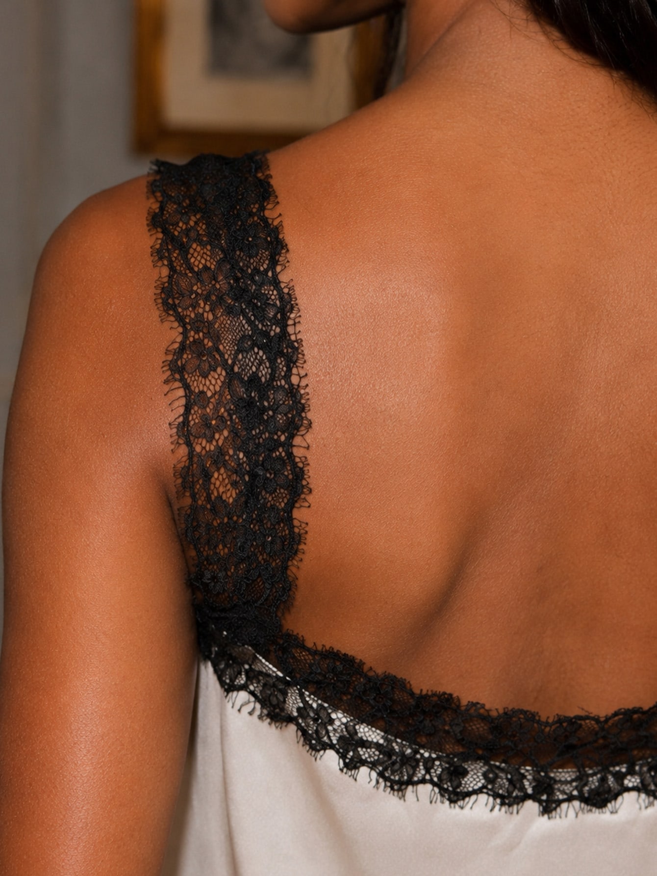 Cream Satin Black Lace Square Neck Camisole Top, view 7