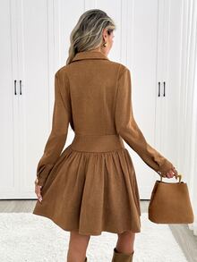 Easowa Button Half-Placket Ruched Ruffle Hem Waist-Cinching A-Line Long Sleeve Dress, Suede, Casual Elegant, Women's Short Autumn/Winter Brunch Camel - Brown - View 7