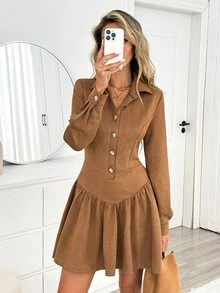 Easowa Button Half-Placket Ruched Ruffle Hem Waist-Cinching A-Line Long Sleeve Dress, Suede, Casual Elegant, Women's Short Autumn/Winter Brunch Camel - Brown - View 2