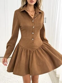 Easowa Button Half-Placket Ruched Ruffle Hem Waist-Cinching A-Line Long Sleeve Dress, Suede, Casual Elegant, Women's Short Autumn/Winter Brunch Camel - Brown - View 5