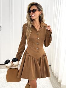 Easowa Button Half-Placket Ruched Ruffle Hem Waist-Cinching A-Line Long Sleeve Dress, Suede, Casual Elegant, Women's Short Autumn/Winter Brunch Camel - Brown - View 4