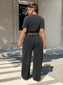 Muchica Plus Size Women's Spring/Summer Knight Embroidery T-Shirt And Pants 2 Pieces Set - Dark Grey - View 2