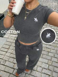 Muchica Plus Size Women's Spring/Summer Knight Embroidery T-Shirt And Pants 2 Pieces Set - Dark Grey - View 1