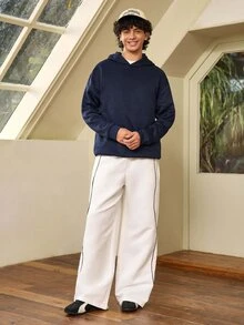 Whitmere 男士纯色落肩长袖抽绳口袋休闲连帽衫，秋冬季，返校季 - 藏蓝色 - 查看 4