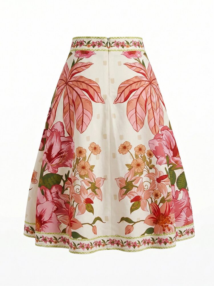 SHEIN Clasi Rok A-Line Motif Tropis dengan Tali Pengikat, Cocok untuk Liburan, Nyaman Dipakai - MultiWarna - View 8