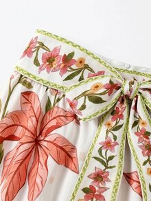 SHEIN Clasi 熱帶印花綁帶A字裙，適合度假，穿著舒適 - 彩色 - 查看 4