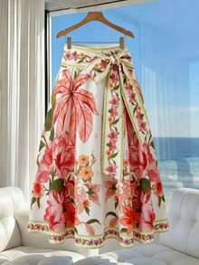 SHEIN Clasi 熱帶印花綁帶A字裙，適合度假，穿著舒適 - 彩色 - 查看 3