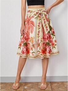 SHEIN Clasi 熱帶印花綁帶A字裙，適合度假，穿著舒適 - 彩色 - 查看 2