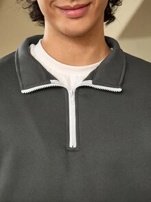 Whitmere 男士秋冬休閒時尚百搭拼色學院風舒適半拉鍊長袖運動衫 - 灰色 - 查看 9