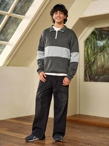Whitmere 男士秋冬休閒時尚百搭拼色學院風舒適半拉鍊長袖運動衫 - 灰色 - 查看 3