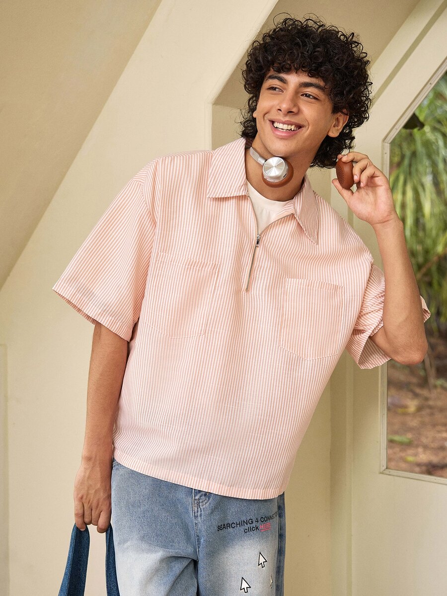 Whitmere GloMan Men's Summer Striped Casual Short Sleeve Shirt, Lightweight Breathable Basic Everyday Top, Suitable For Home, Outdoor Beach Vacation, Gift For Husband - Apricot - View 1