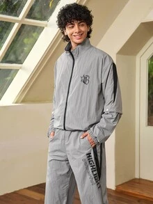 Whitmere Men's American Street Style Printed Casual Sports Set With Detachable Sleeves, Easily Remove Sleeves To Instantly Transform Long Sleeve Outfit Into Short Sleeve, Suitable For Weather With Large Temperature Fluctuations - Grey - View 6