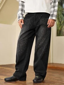 Whitmere Men's Fashion Rhinestone Non-Stretch Denim Jeans - Black - View 1